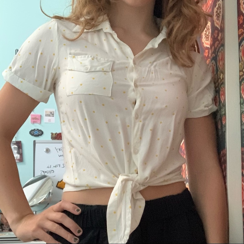 Tie front button up polka dot shirt